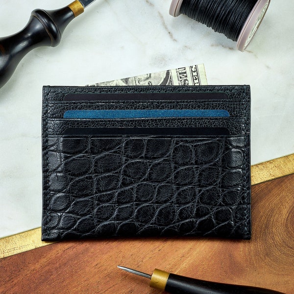 Black Alligator Card Holder leather Wallet for 6 cards, cash slot / Personalized Handmade slim minimalist wallet / Exotic leather, revolver