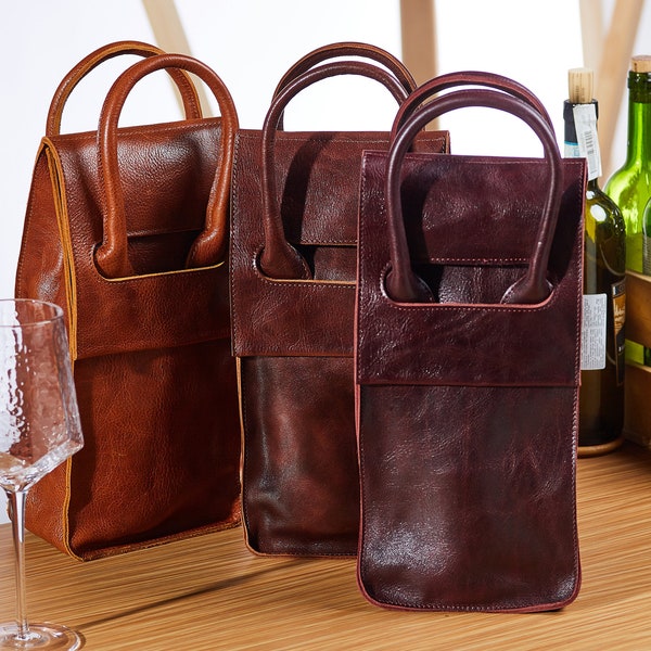 Leather bag for 2 bottles / leather bottle carrier / wine and whiskey gift / hygge wine pouch with handles and dividers inside