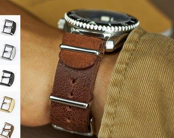 NATO leather strap band Cognac Brown rustic patina full-grain leather  One Piece single pass 16, 18, 20, 22 mm Solid Brass, Bronze, Oxy