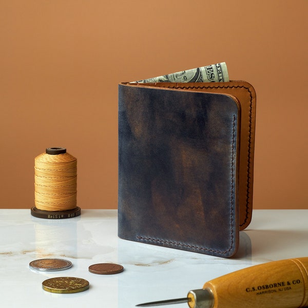 Shell Cordovan wallet in Navy Blue Museum leather from Rocado, personalizable gift / Handmade wallet with patina veg tanned interior/Chicago