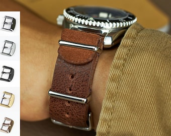 Correa de piel tipo OTAN G10 militar marrón / Correa de una sola pasada Oxy de grano completo de 16, 18, 20 y 22 mm, latón macizo, bronce y plata 925