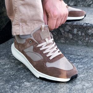 Men's Leather Sneakers, Handmade, light brown beige Suede Leather with Tan mesh Tawny Russet Casual Footwear, comfort summer men shoes Start image 1