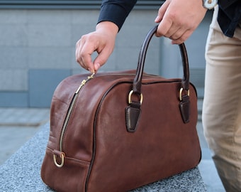 Leather Duffle Weekender bag in Brown with solid brass hardware and YKK zipper, Large Travel Bag Mens Weekender Bag Holdall / SALE, OOAK