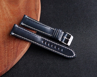 Navy blue Shell Cordovan watch strap band / padded handmade made from Horween full-grain leather / 24 mm, 22 mm, 20 mm, 18 mm custom sized