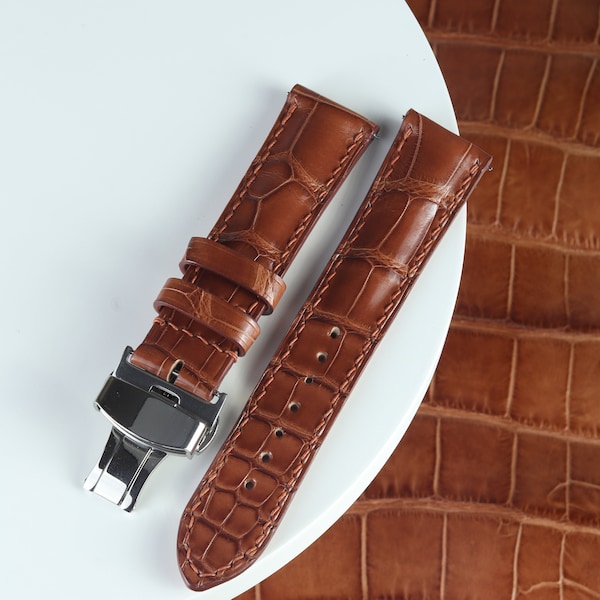 Bracelet de montre en alligator marron clair / 100 % fait main en cuir d'alligator/ 22 mm, 20 mm, 18 mm, 16 mm, 14 mm, 12 dimensions personnalisées