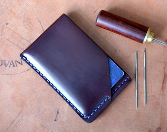 Cartera de piel de cordero de Horween color burdeos, marrón y negro. Tarjetero, tarjetero con bolsillo delantero de piel de cordero cosida a mano, Karat