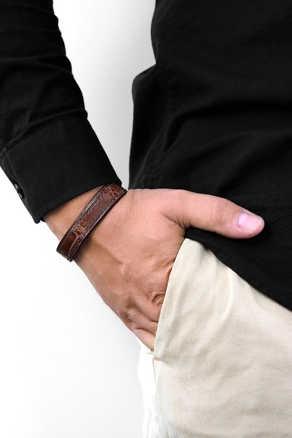 Alligator Leather Bracelet Brown, Hand Stitched Strap Band With