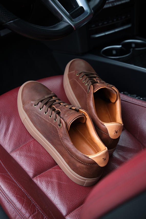 All Brown Leather Sneakers With Honey Brown Real Rubber Margom Sole,  Handmade Tennis Shoes, Casual Comfort Men Low-top Trainers / Seaway - Etsy