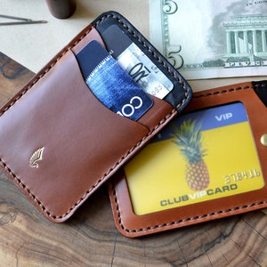 Porta carte d'identità in pelle Horween in pelle pull-up Marrone / Fessura per finestra porta documenti, con fessura per contanti e carte in plastica / Porta carte personalizzato