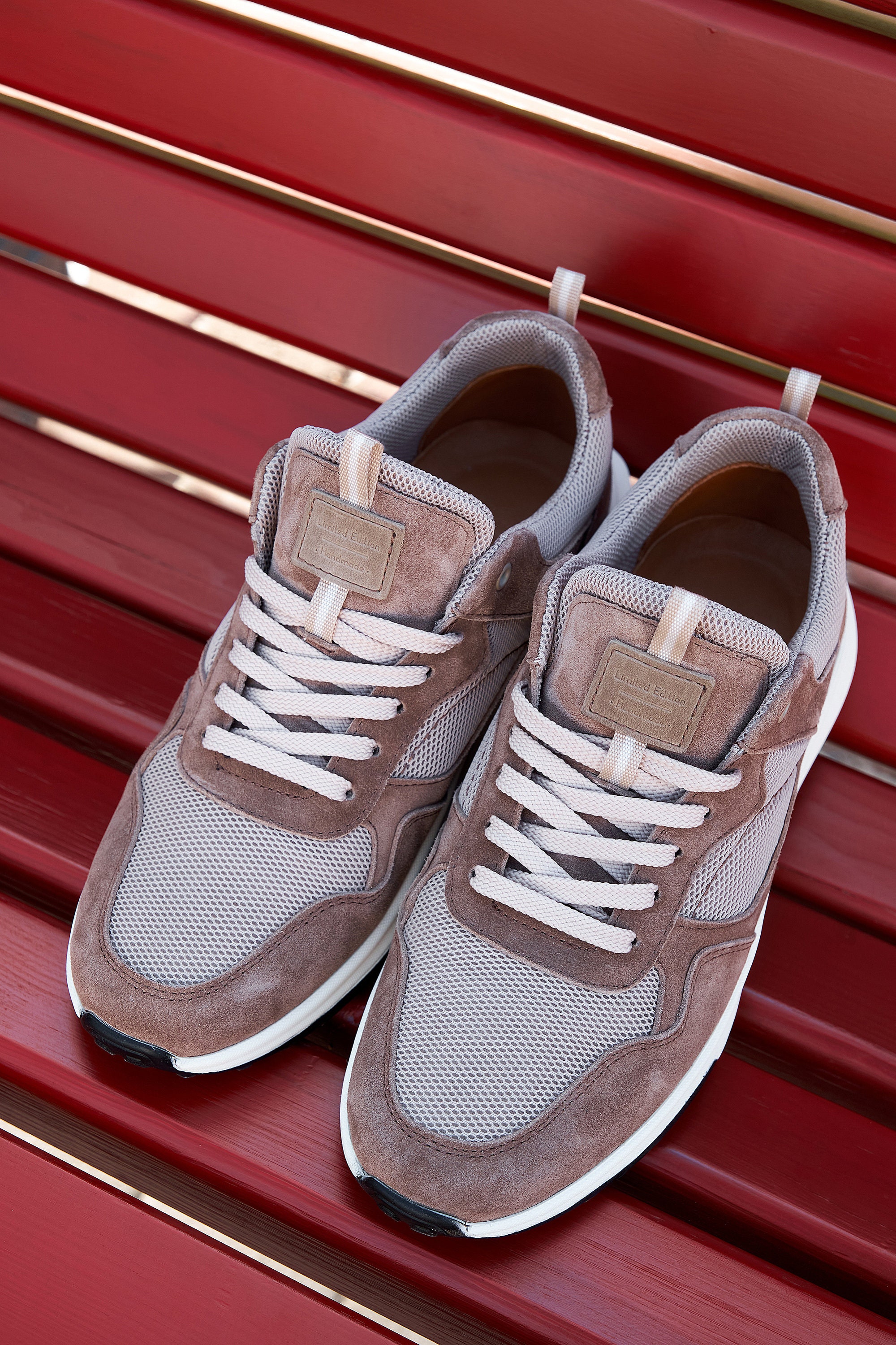 Men's Leather Sneakers, Handmade, Light Brown Beige Suede