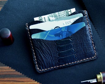 Porte-cartes en cuir d'autruche | Porte-cartes à poche avant avec 3 emplacements | Cuir pattes d'autruche noir | portefeuille mince minimaliste