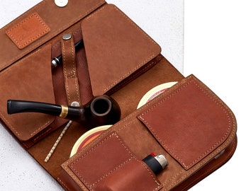 Leather Tabacco Pouch for 2-4 smoking pipes, two cans, lighter, tamper and other / Horween Caramel leather pipe case bag pouch for smoking