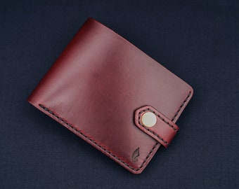 Portefeuille en cuir pour homme en Horween Chromexcel Bordeaux, bouton-pression ou sans bouton-pression | portefeuille mince avec pochette pour cartes et pièces de monnaie | Pliage monogrammé