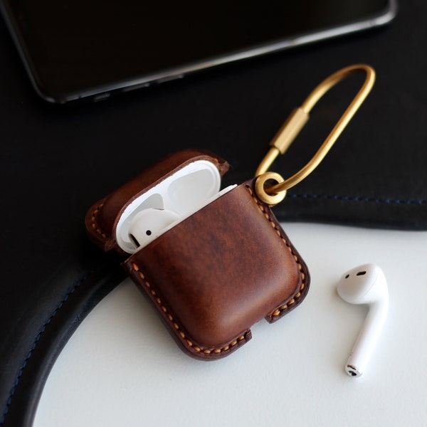 Leather AirPods 3, Pro 2, Pro, 1/2 case handmade of Horween Brown Chromexcel leather with brass hook, monogram personalized, handmade