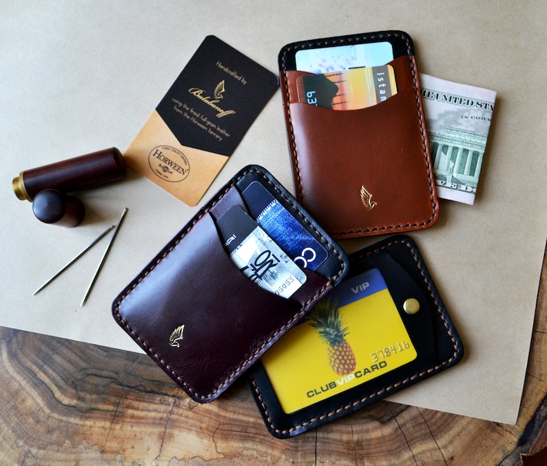 Leather ID Card Holder in Black Horween Leather / With Cash Etsy
