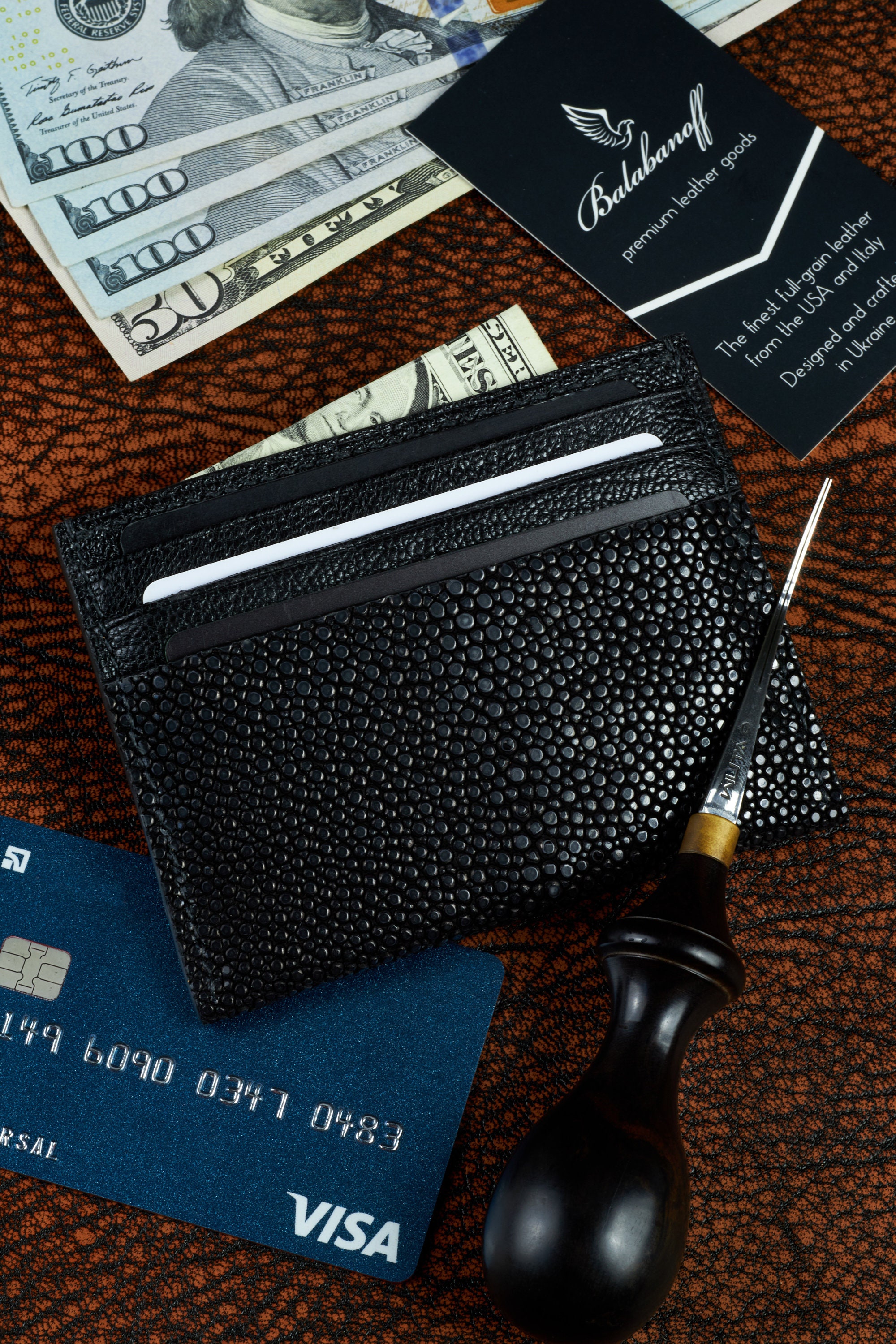 Card Holder Stingray Black Leather Wallet for 6 Cards, Cash