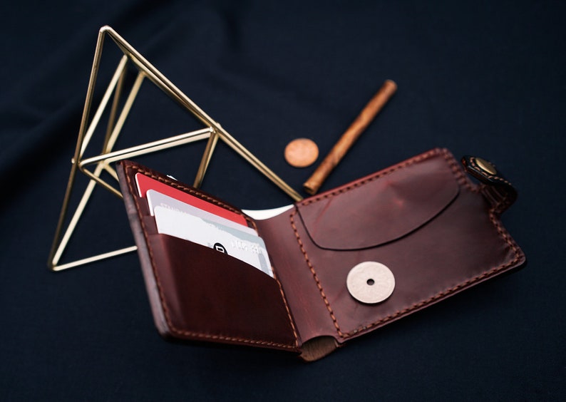 Cartera de cuero para hombre Horween Chromexcel burdeos, con o sin cierre a presión / Monedero delgado con bolsillo para tarjetas y monedas / Bifold monogramado, Archer imagen 3
