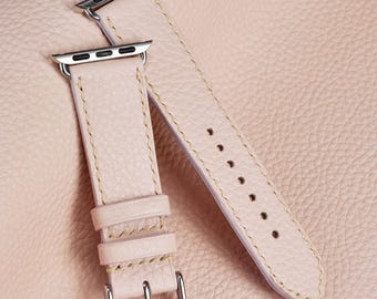 Correa de piel para Apple Watch para mujer, color rosa / hecha a mano con piel granulada fina / disponible en tamaños personalizados de 38, 40, 41, 42, 44 y 45 mm.
