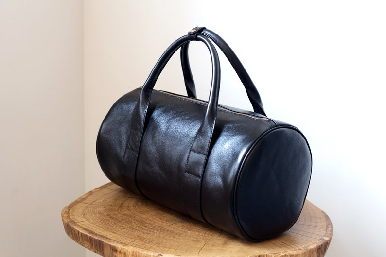 Black Leather Duffle Bag With Leather Lining Inside / Round Etsy