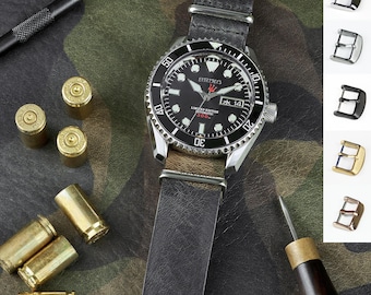 Correa de cuero para reloj estilo militar con estampado de camuflaje / Diseño G10 tipo OTAN / Camuflaje de una sola pasada / 16, 18, 20, 22 mm / Latón macizo, bronce, negro, cepillado