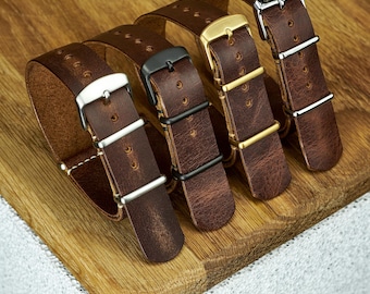 Correa de cuero marrón rústico tipo G10 OTAN / pátina de cuero pull-up / acabado militar de una sola pasada 16, 18, 20, 22 Latón macizo, bronce, plata 925