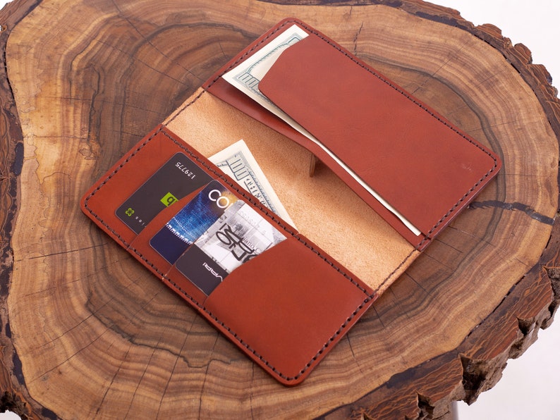 Brown leather checkbook wallet with credit card slots | Etsy