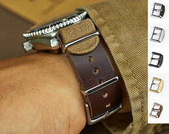 Correa de cuero marrón militar tipo G10 OTAN / Horween Chromexcel de una sola pieza, 16, 18, 20, 22 mm, latón macizo, bronce, plata 925