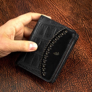 Cartera personalizada de cocodrilo negro con parche cordobés Horween Shell e interior de cuero de cabra / Por dólares, libras, tamaño euro,