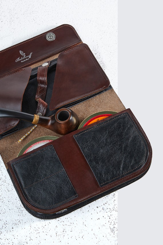 tobacco pipe bags & pouches Leather Pouch for Smoking Pipes / Bag for 2-4 Pipes, Two Cans, Lighter,  Tamper and Other / Horween Chromexcel Brown Leather Pipe Case Bag