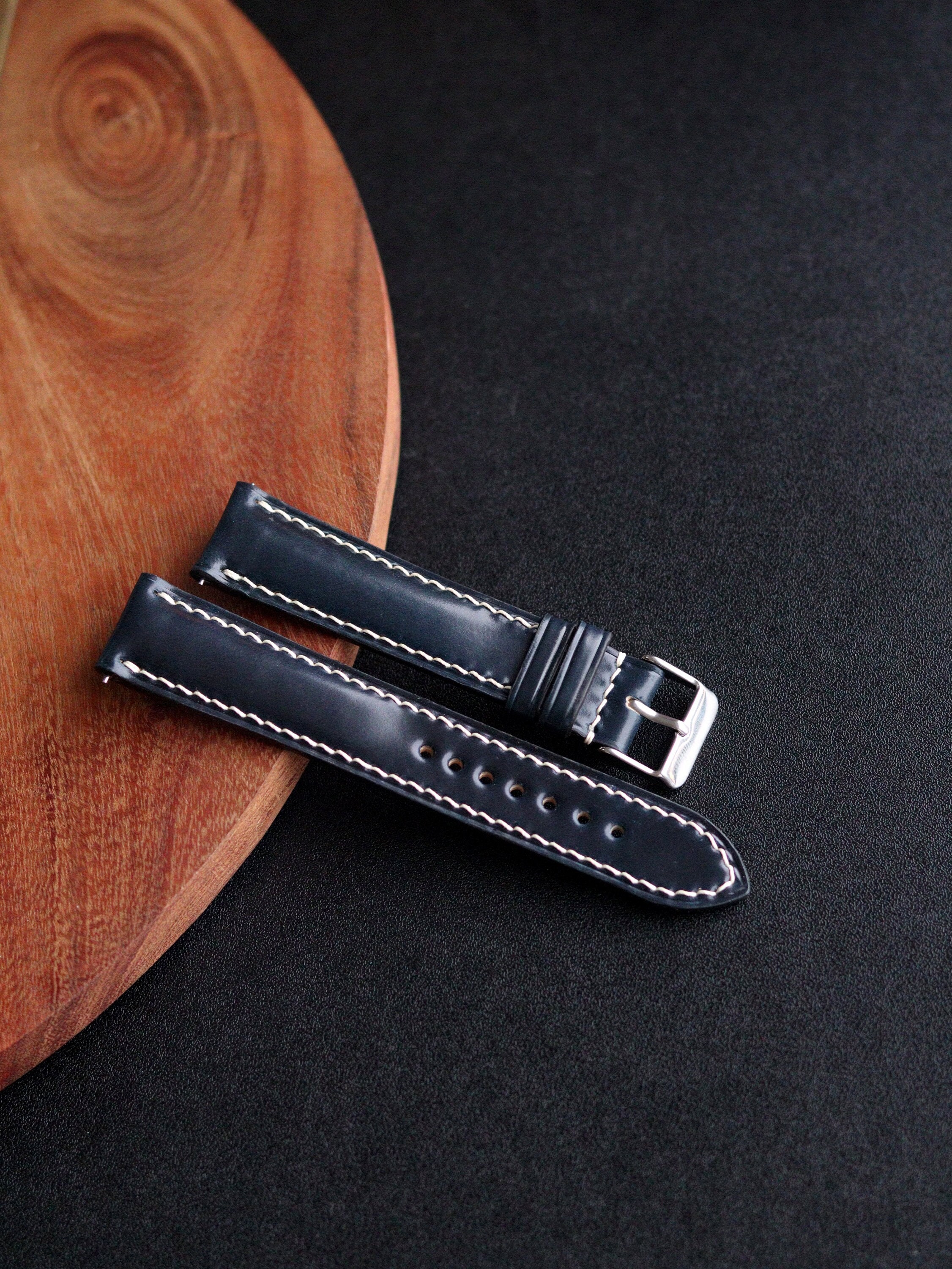 Navy Blue Shell Cordovan Watch Strap Band / Padded Handmade