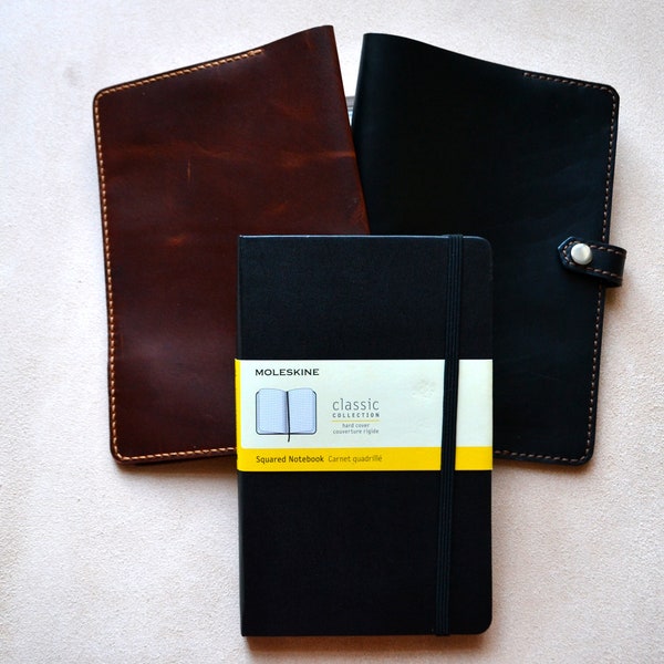 Moleskine Horween leather cover | snap closure, Brown of Black colours, all sizes | Journal sleeve | leather notebook