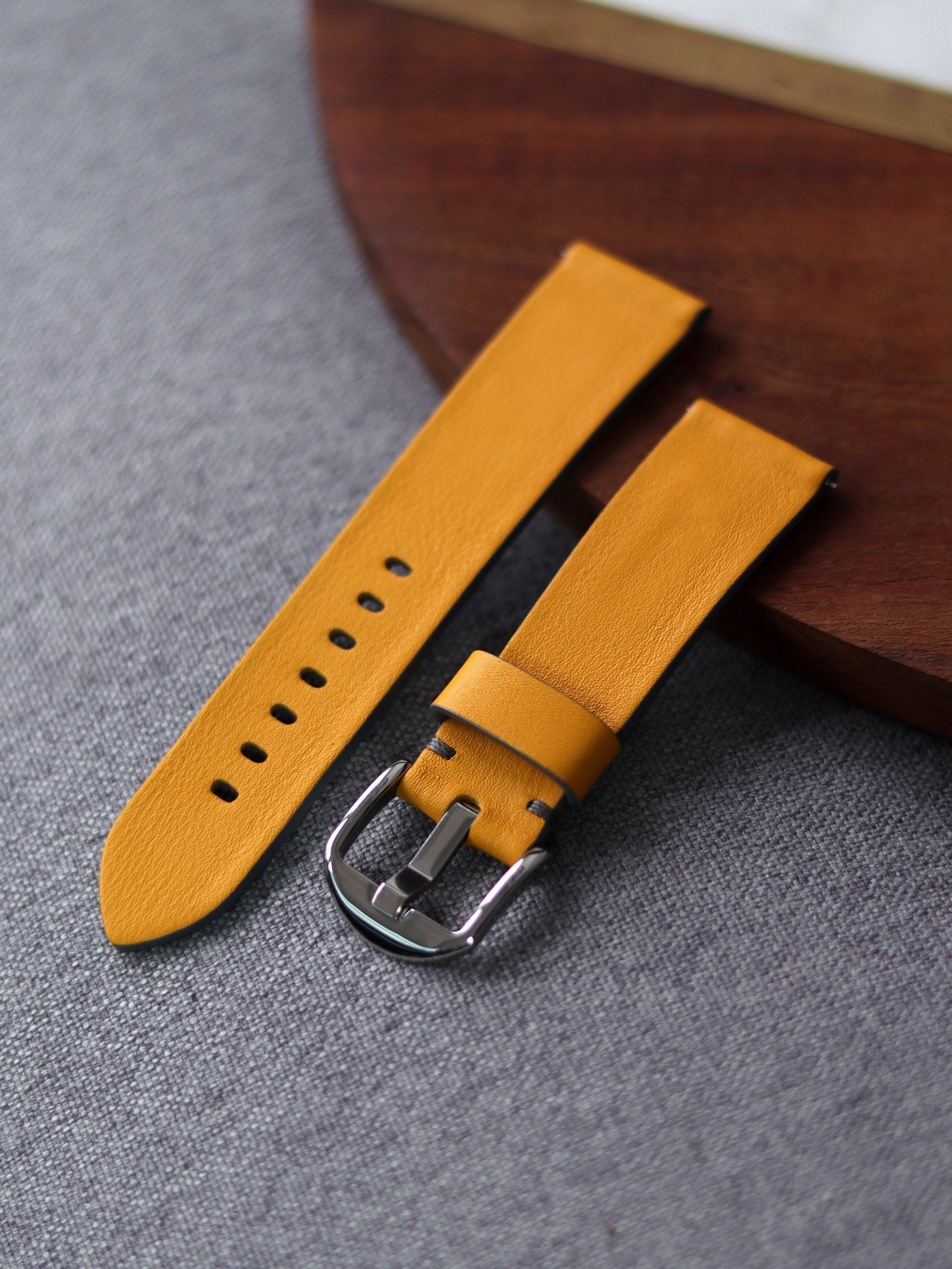 Yellow mustard leather watch strap band with gray lining, not stitched / 100% handmade and funny / 24 mm, 22 mm, 20 mm, 18 mm custom sized