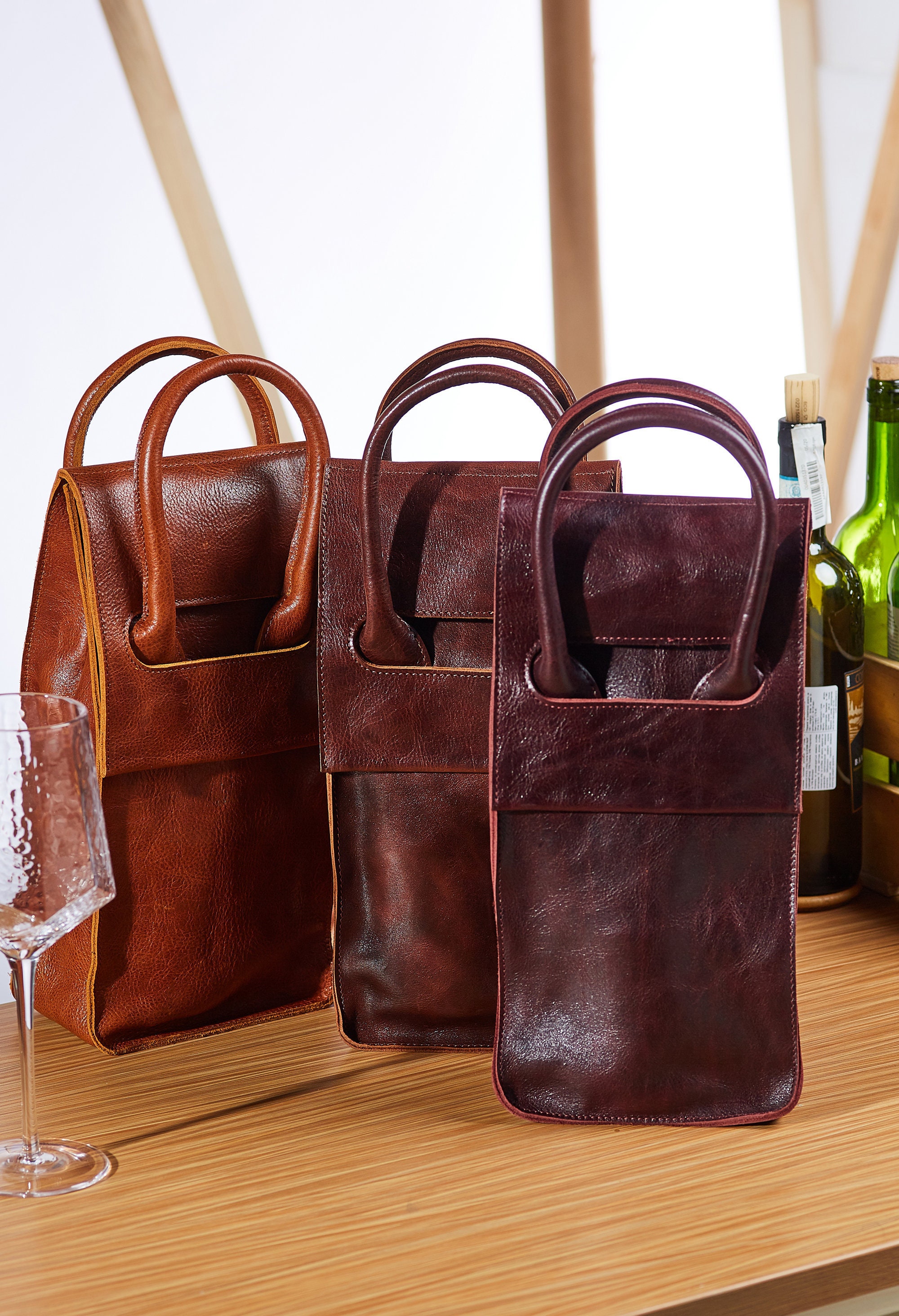 Double Red Wine Handbag Leather Wine bag with Handles Reusable