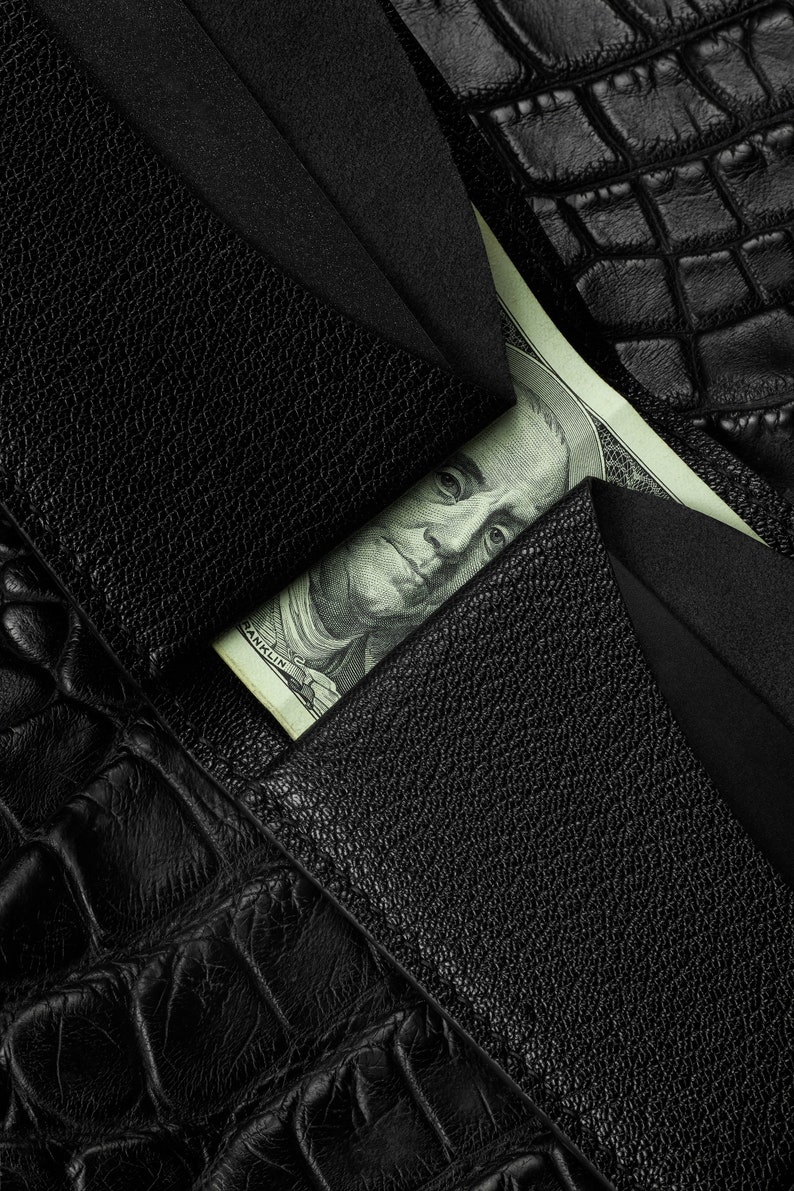 Portefeuille personnalisé en alligator bordeaux avec écusson Horween Shell Cordovan et intérieur en cuir de chèvre / Pour dollars, livres, taille euro, Lagard image 8