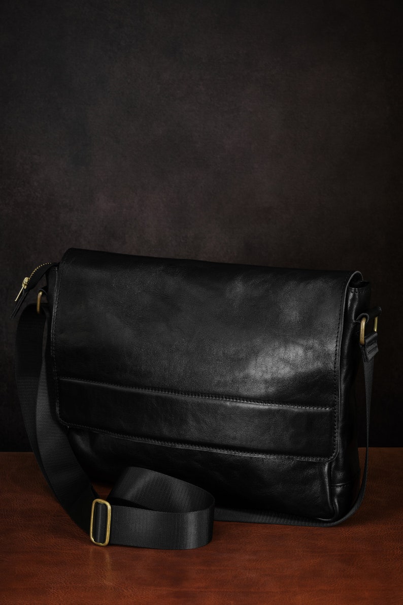 Black Leather laptop bag, Personalized Leather Shoulder Bag Laptop Bag Monogramming Groomsmen Gift Mens Leather Briefcase image 7