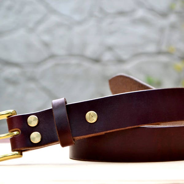 1.25" width Burgundy Horween Chromexcel leather belt | Dark red color dress belt | casual women or men belt