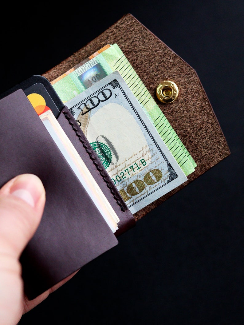 Horween Burgunderrote kompakte Leder Geldbörse für Bargeld und Karten, dreifache Geldbörse aus Chromexcel-Leder Bild 3