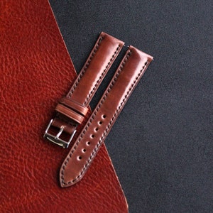 Horween Shell Cordovan watch strap band in Reddish brown #4 color / padded leather handmade, / 24 mm, 22 mm, 20 mm, 18 mm custom sized