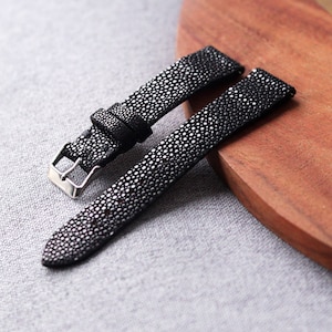 Black stingray watch strap band / 100% handmade from real polished Italy sourced stingray / 24 mm, 22 mm, 20 mm, 18 mm custom sized