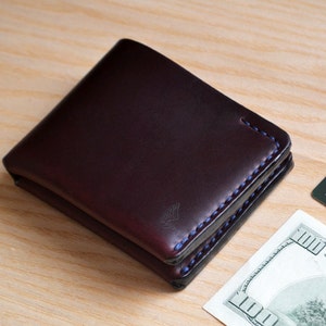Cartera de piel Horween en Chromexcel burdeos / Billetera plegable para hombre, regalo para él / Cartera minimalista elaborada a partir de una sola pieza de piel Arpa imagen 10