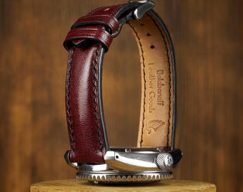 Handmade Burgundy Leather Watch Strap: Padded Garnet Ruby Band, Custom Size