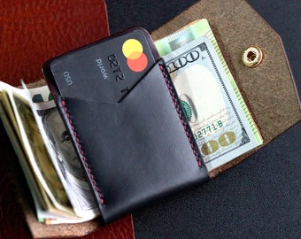 Minimalist leather front pocket trifold wallet made of Black Horween Chromexcel leather, wallet for cash and cards, black cardholder