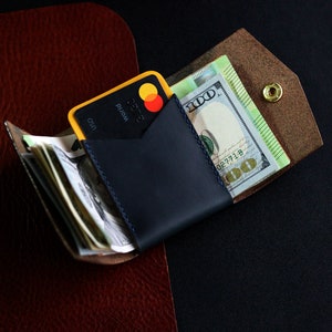 Small leather wallet, Navy Horween front pocket wallet for cash and cards, compact folded bills wallet made of Chromexcel wallet