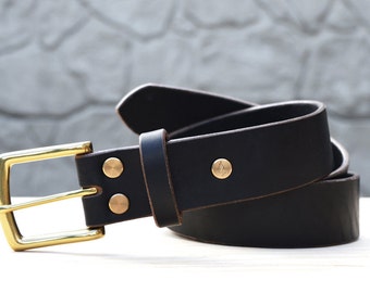 1.25" Black belt in Horween Chromexcel leather | Silver or Brass buckles | extra very long belt available