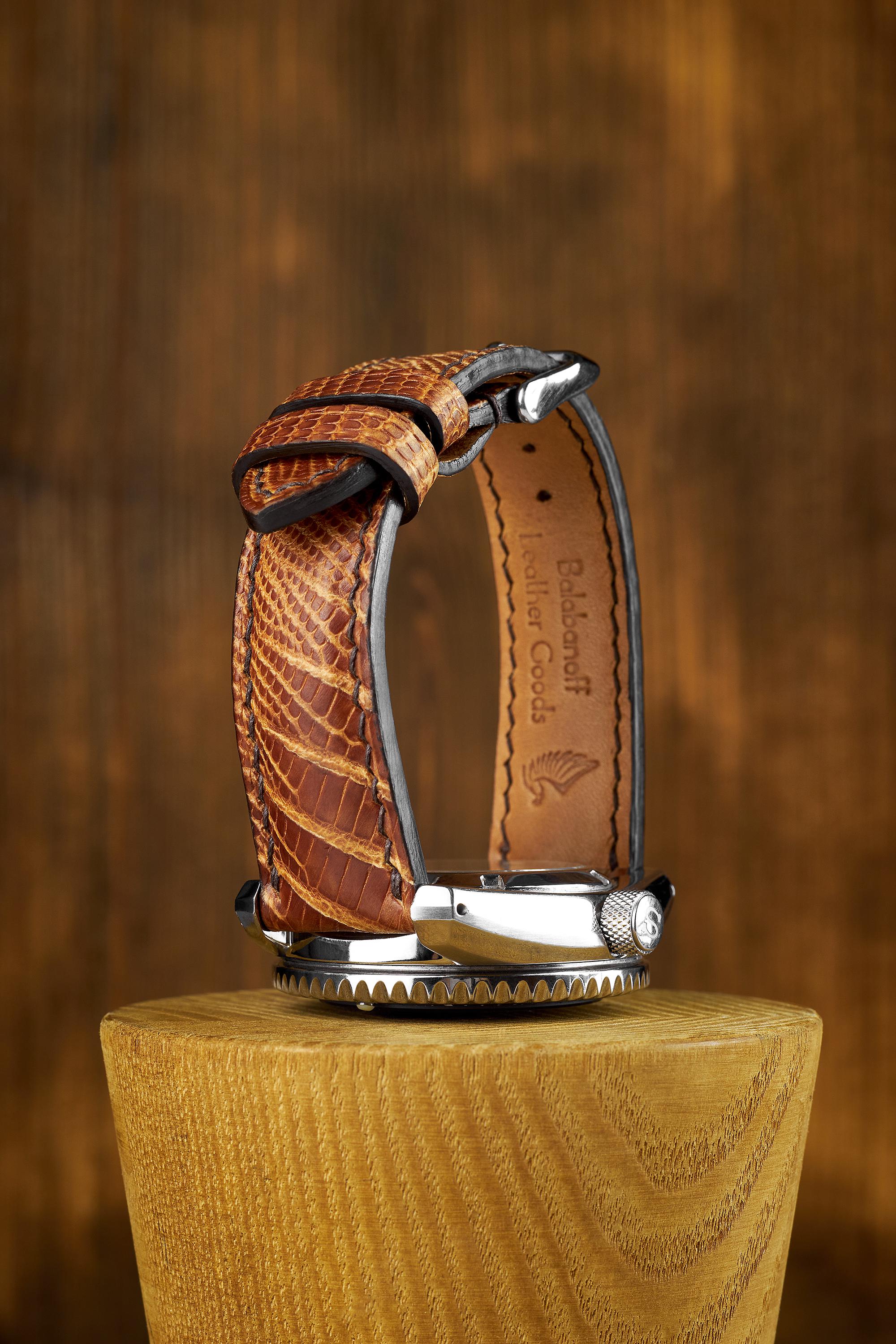 Bracelet De Montre En Cuir De Lézard Véritable Marron Doré - Largeur 20mm