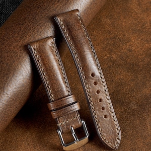 Bracelet de montre en cuir marron Nemesis en cuir pleine fleur tanné végétal / rembourré fait main 24, 22 mm, 20 mm, 18 mm, 16, 14 mm personnalisé