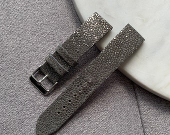 Silver gray stingray watch strap band / 100% handmade from real polished Italy sourced stingray / 24 mm, 22 mm, 20 mm, 18 mm custom sized