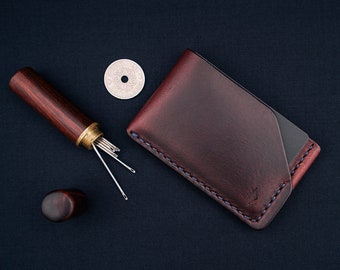 Cartera para tarjetas de crédito Horween de piel en Chromexcel burdeos, tarjetero para tarjetas de crédito, cosido a mano, Karat