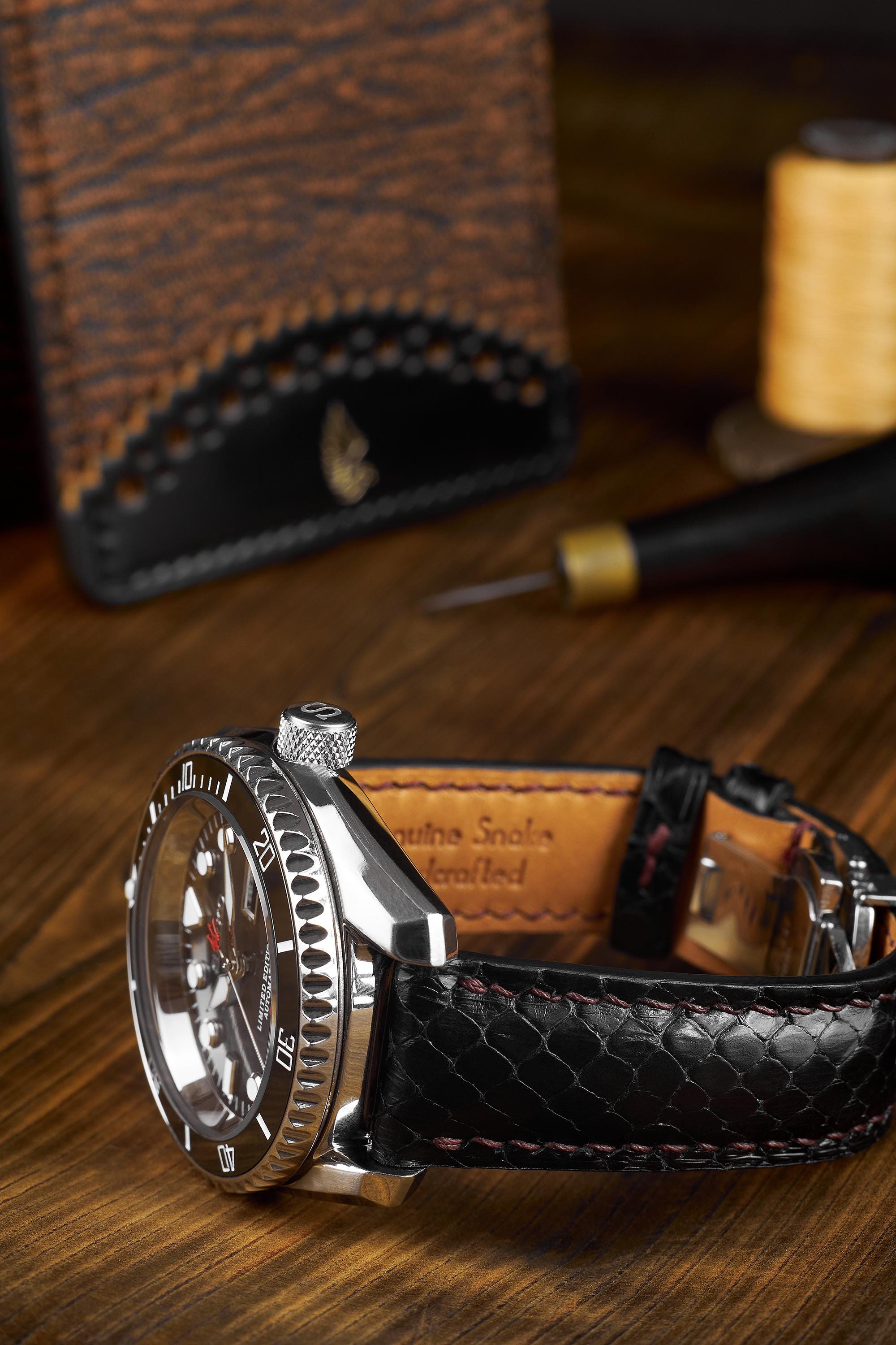 Black Snake Watch Strap Band / Python Leather Band Textured Exotic ...