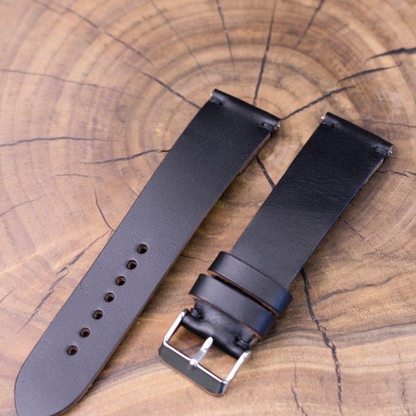Horween-Uhrenarmband aus schwarzem Chromexcel-Leder / 100 % handgefertigt / einlagiges Lederarmband / 22 mm, 20 mm, 18 mm, 16 mm, 14, 12 nach Maß